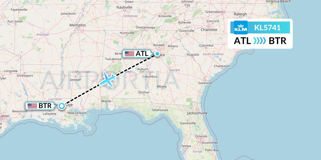 KL5741 KLM Flight Map: Atlanta to Baton Rouge