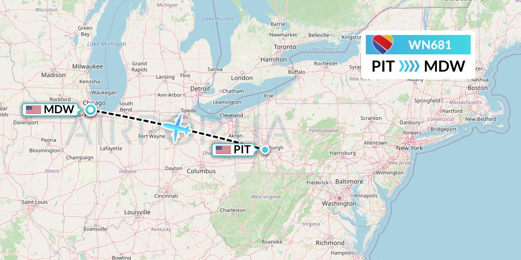WN681 Southwest Airlines Flight Map: Pittsburgh to Chicago