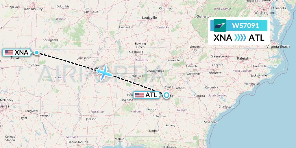 WS7091 WestJet Flight Map: Bentonville to Atlanta