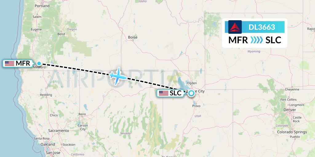 DL3663 Delta Air Lines Flight Map: Medford to Salt Lake City