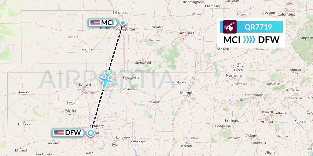 QR7719 Qatar Airways Flight Map: Kansas City to Dallas