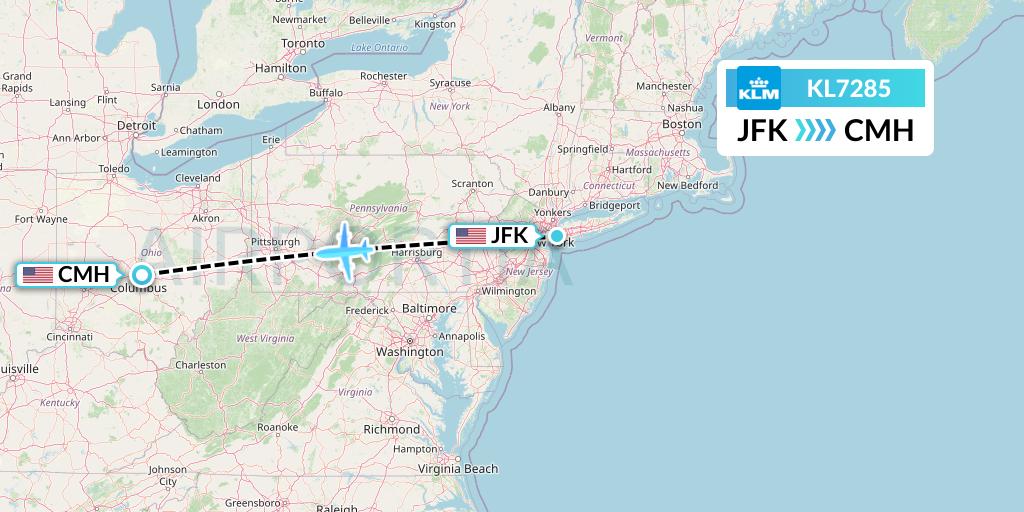 KL7285 KLM Flight Map: New York to Columbus