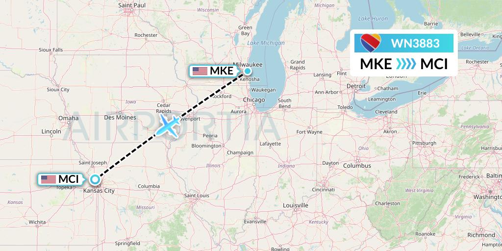 WN3883 Southwest Airlines Flight Map: Milwaukee to Kansas City