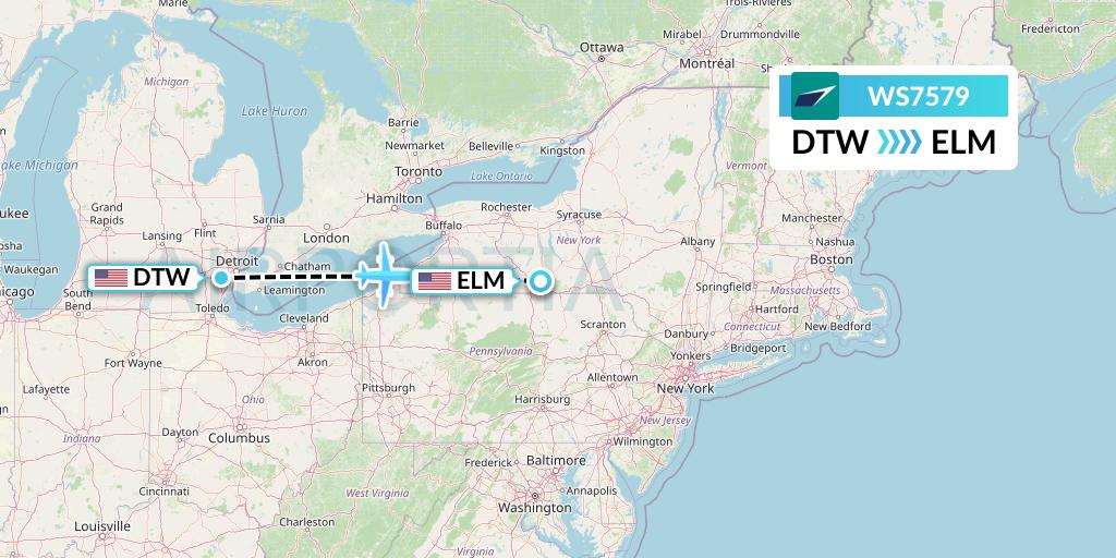 WS7579 WestJet Flight Map: Detroit to Elmira