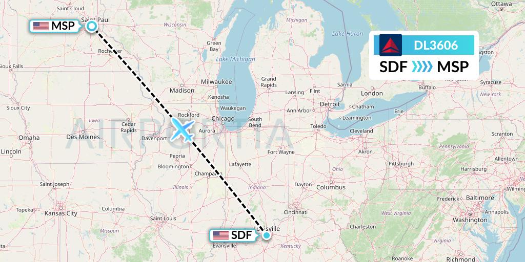 DL3606 Delta Air Lines Flight Map: Louisville to Minneapolis