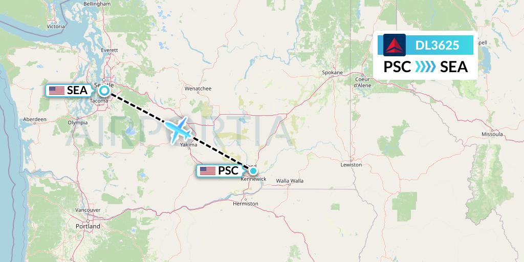 DL3625 Delta Air Lines Flight Map: Pasco to Seattle