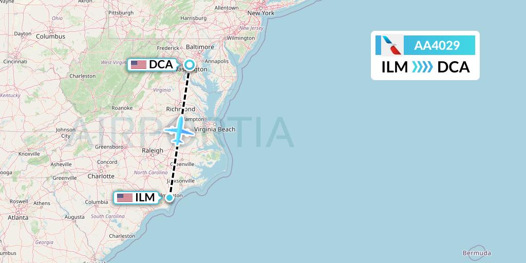 AA4029 American Airlines Flight Map: Wilmington to Washington