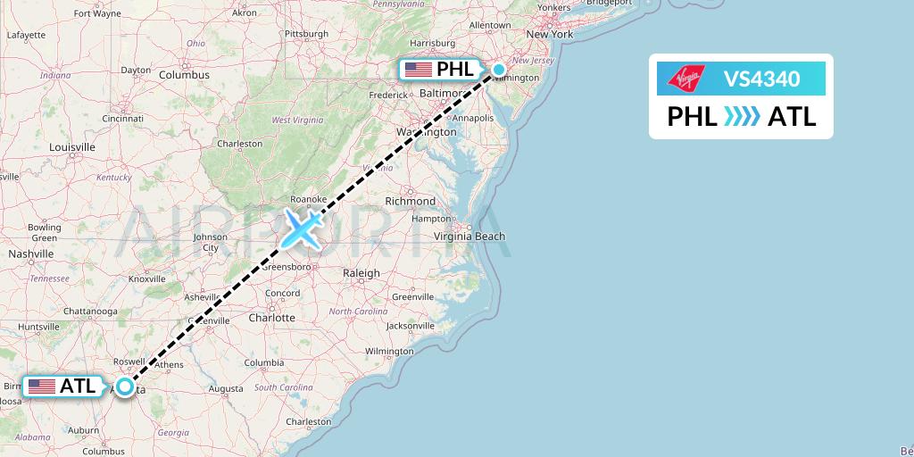 VS4340 Virgin Atlantic Airways Flight Map: Philadelphia to Atlanta