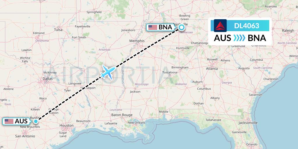 DL4063 Delta Air Lines Flight Map: Austin to Nashville
