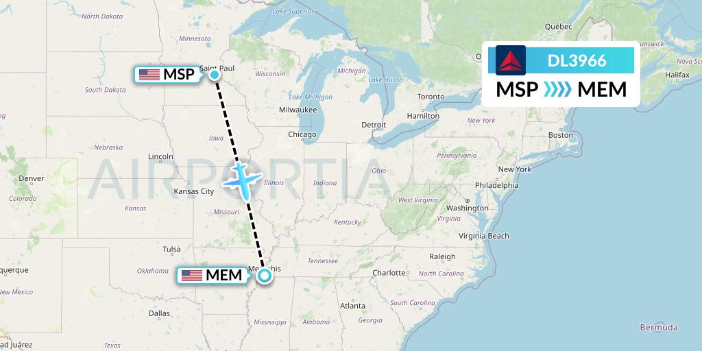 DL3966 Delta Air Lines Flight Map: Minneapolis to Memphis