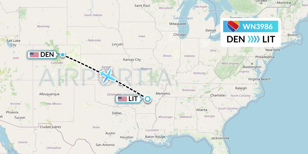 WN3986 Southwest Airlines Flight Map: Denver to Little Rock