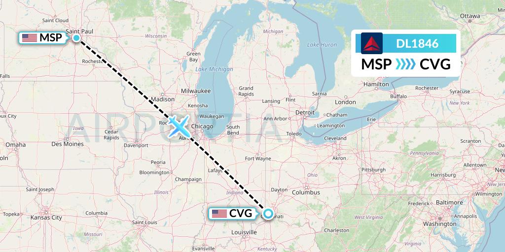 DL1846 Delta Air Lines Flight Map: Minneapolis to Cincinnati