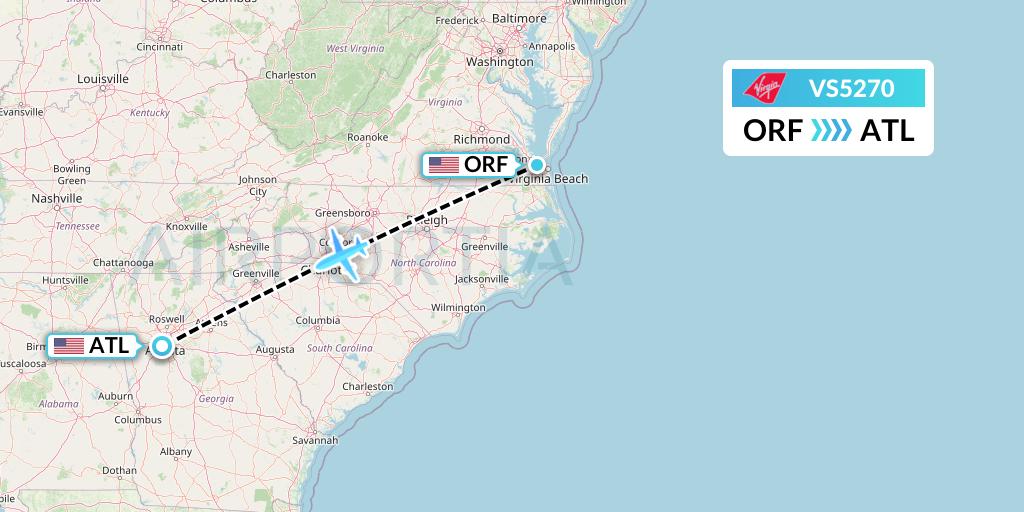 VS5270 Virgin Atlantic Airways Flight Map: Norfolk to Atlanta