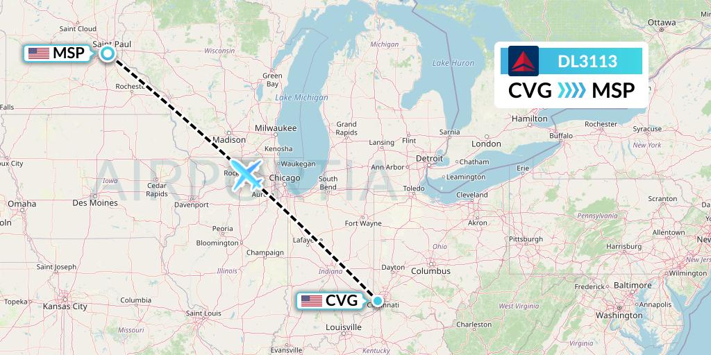 DL3113 Delta Air Lines Flight Map: Cincinnati to Minneapolis