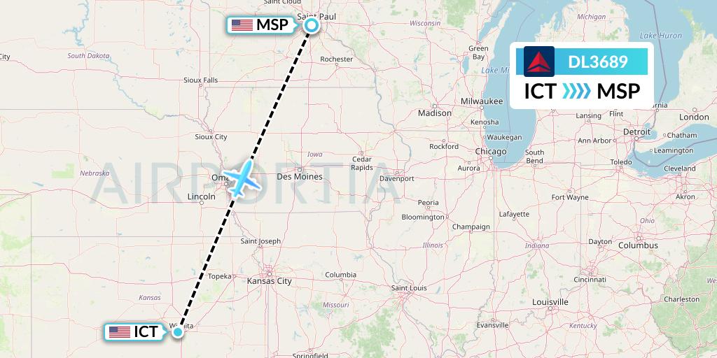 DL3689 Delta Air Lines Flight Map: Wichita to Minneapolis