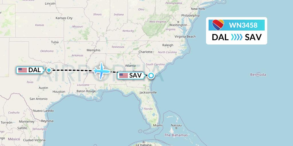 WN3458 Southwest Airlines Flight Map: Dallas to Savannah