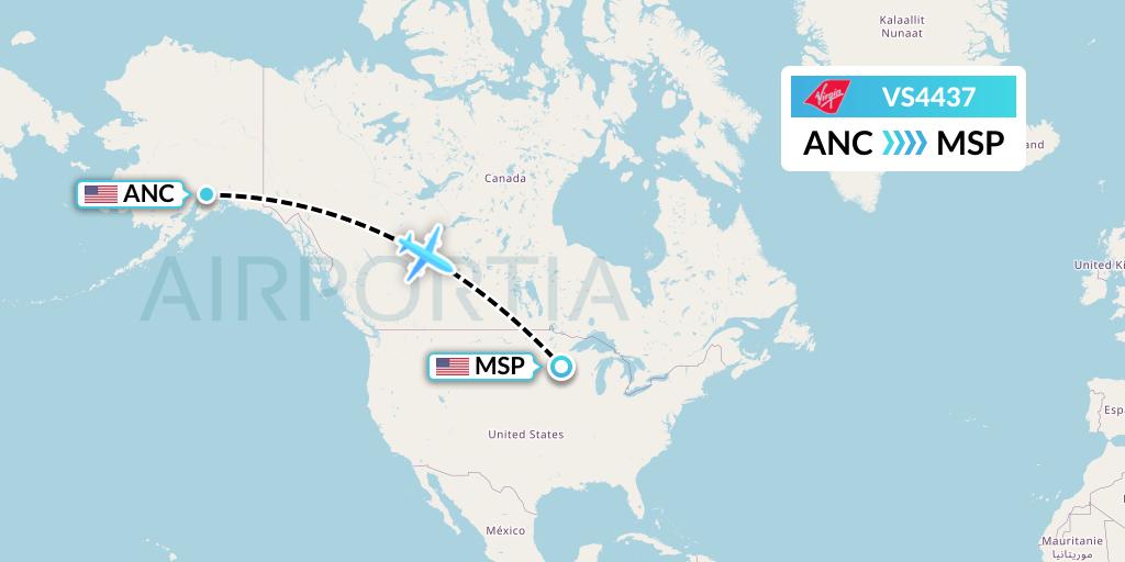 VS4437 Virgin Atlantic Airways Flight Map: Anchorage to Minneapolis