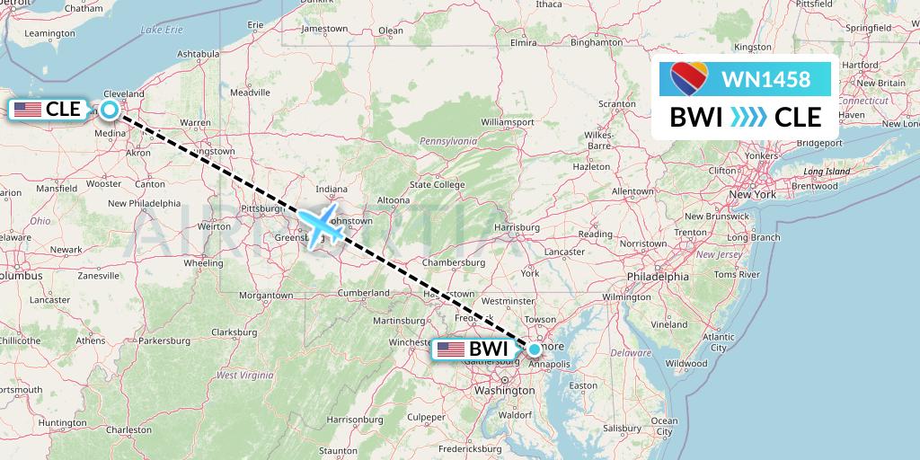 WN1458 Southwest Airlines Flight Map: Baltimore to Cleveland