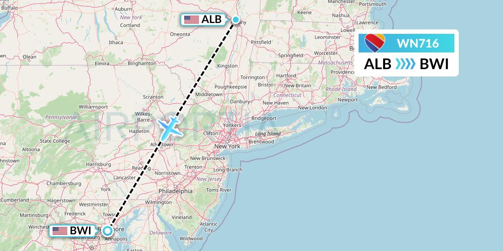 WN716 Southwest Airlines Flight Map: Albany to Baltimore