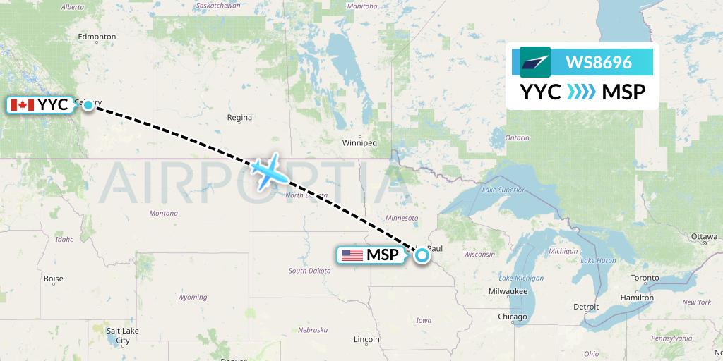 WS8696 WestJet Flight Map: Calgary to Minneapolis