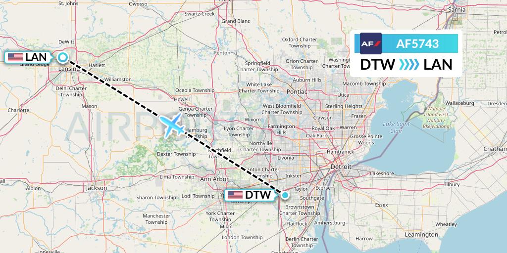 AF5743 Air France Flight Map: Detroit to Lansing