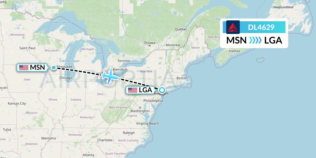 DL4629 Delta Air Lines Flight Map: Madison to New York
