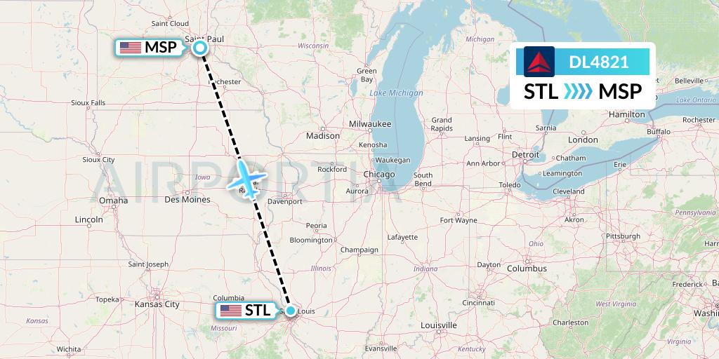 DL4821 Delta Air Lines Flight Map: St. Louis to Minneapolis