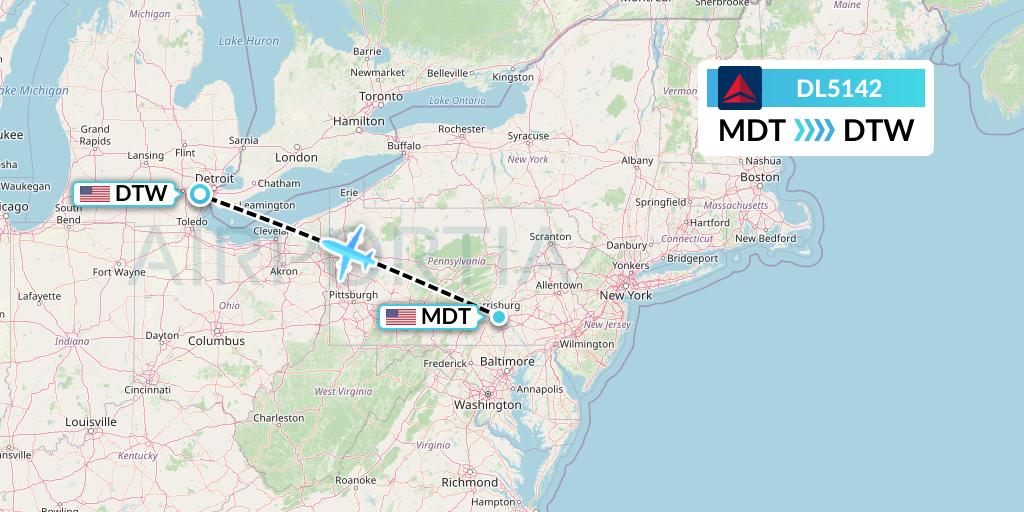 DL5142 Delta Air Lines Flight Map: Harrisburg to Detroit