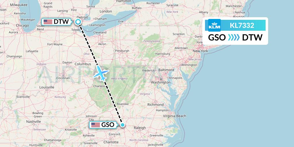 KL7332 KLM Flight Map: Greensboro to Detroit