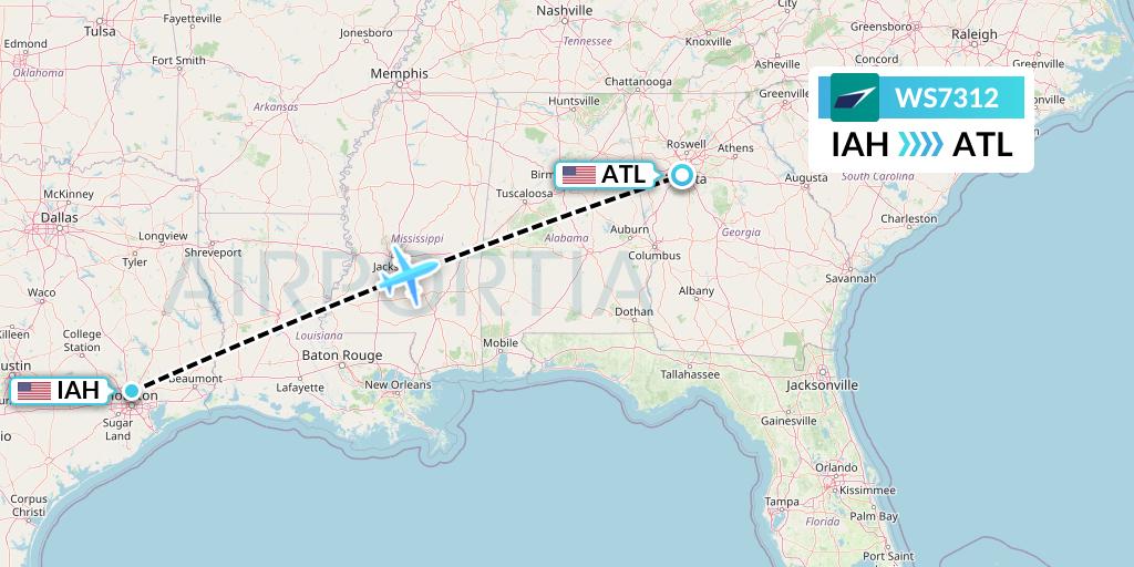 WS7312 WestJet Flight Map: Houston to Atlanta