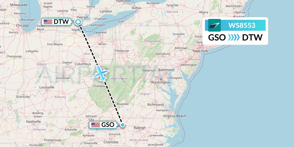 WS8553 WestJet Flight Map: Greensboro to Detroit