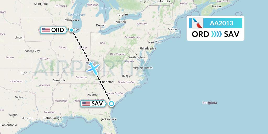 AA2013 American Airlines Flight Map: Chicago to Savannah