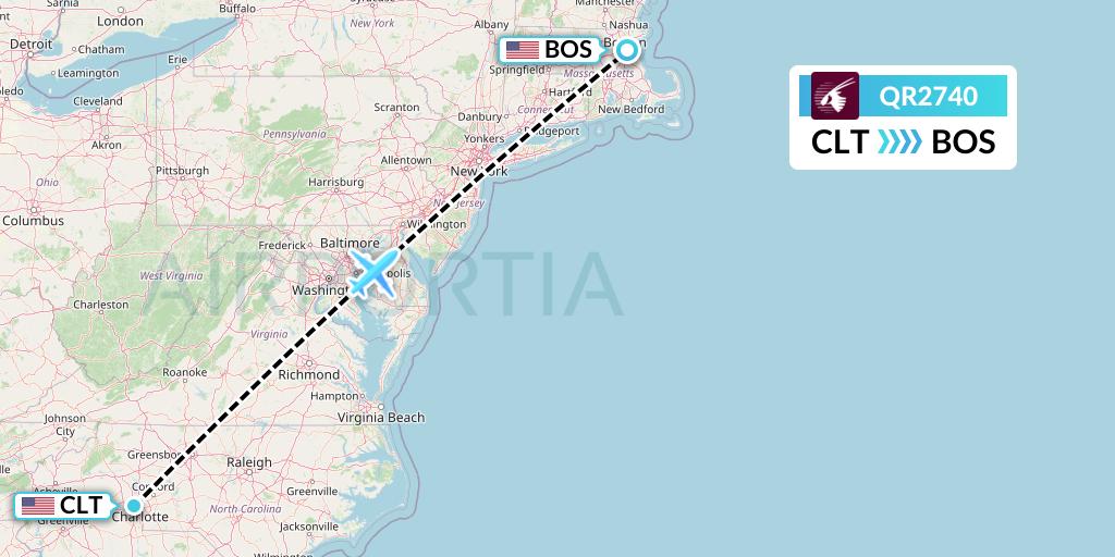 QR2740 Qatar Airways Flight Map: Charlotte to Boston