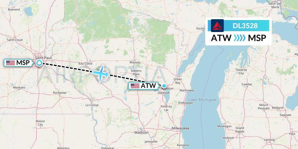 DL3528 Delta Air Lines Flight Map: Appleton to Minneapolis