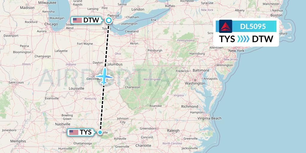 DL5095 Delta Air Lines Flight Map: Knoxville to Detroit