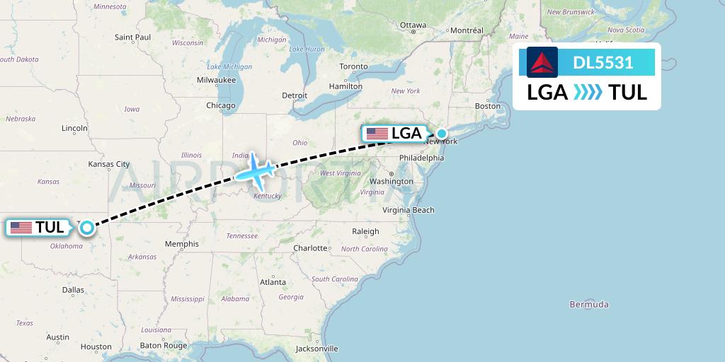 DL5531 Delta Air Lines Flight Map: New York to Tulsa