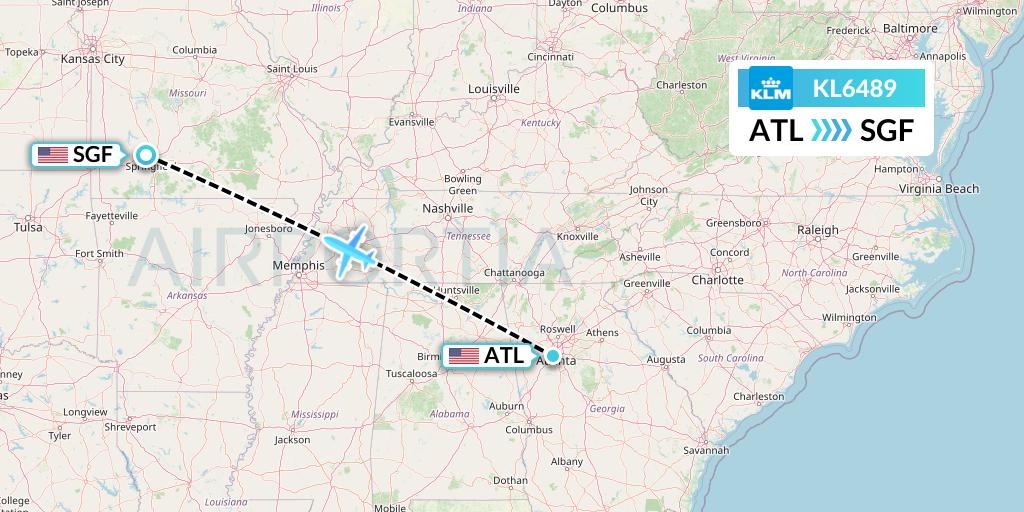 KL6489 KLM Flight Map: Atlanta to Springfield
