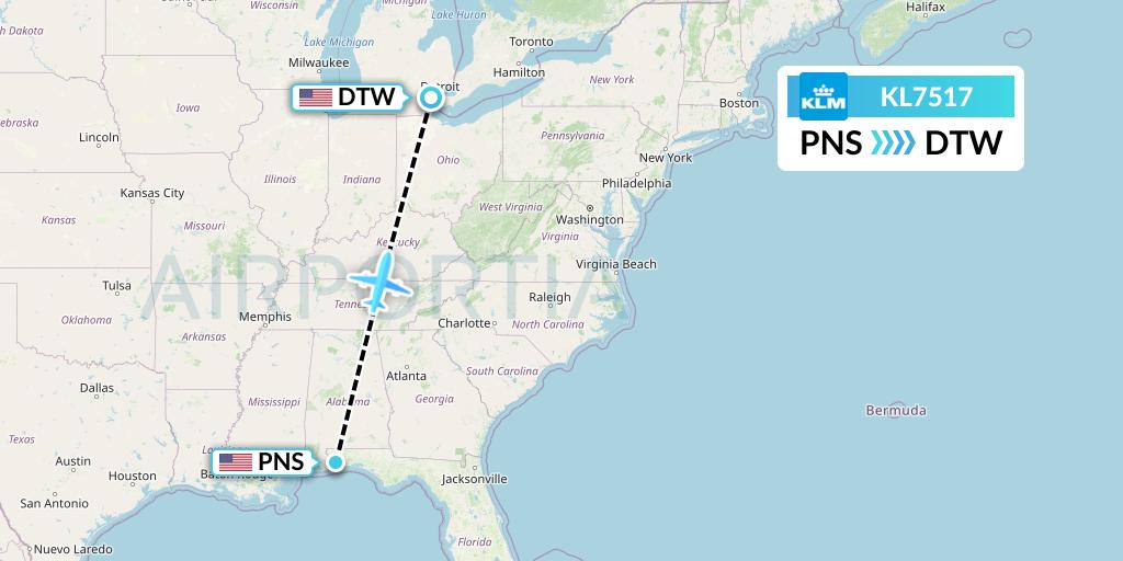 KL7517 KLM Flight Map: Pensacola to Detroit