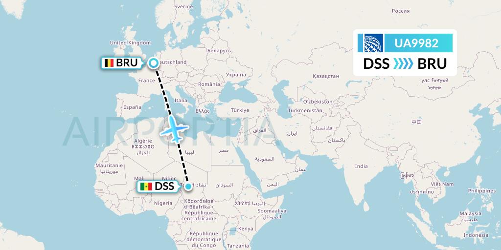 UA9982 United Airlines Flight Map: Dakar to Brussels