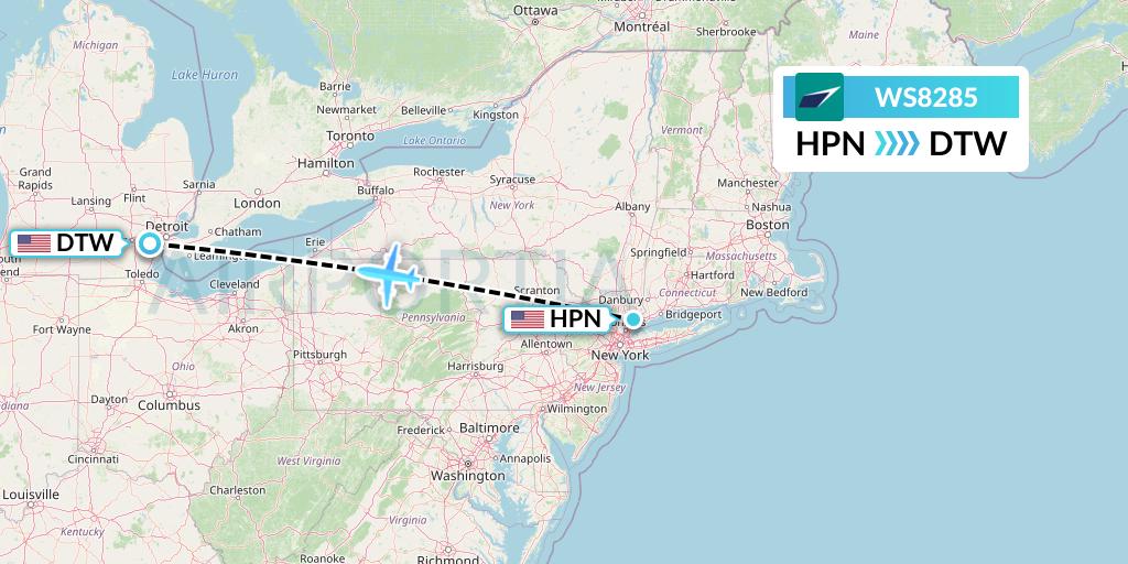 WS8285 WestJet Flight Map: White Plains to Detroit