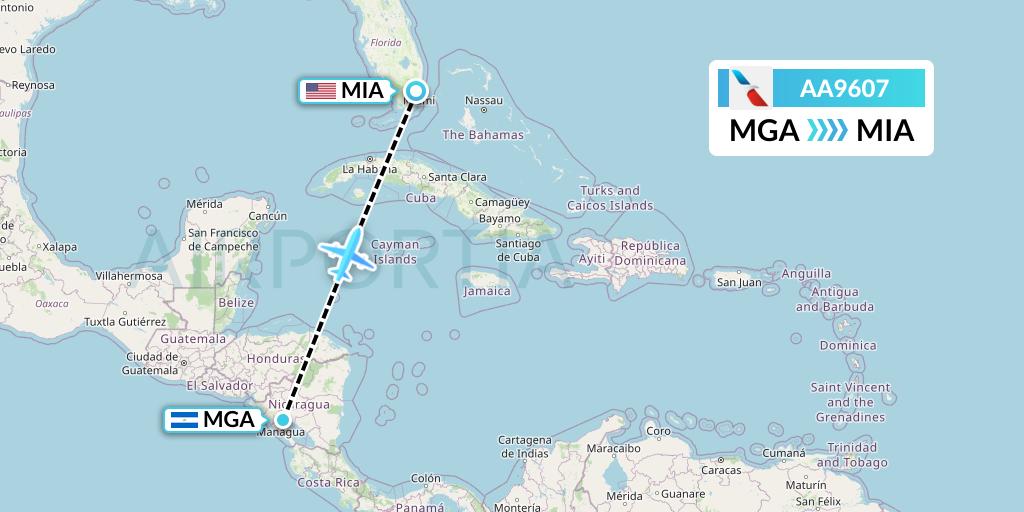 AA9607 American Airlines Flight Map: Managua to Miami