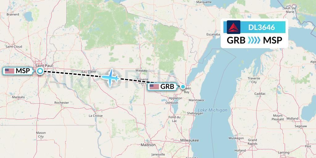 DL3646 Delta Air Lines Flight Map: Green Bay to Minneapolis