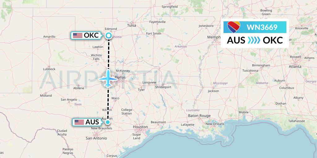 WN3669 Southwest Airlines Flight Map: Austin to Oklahoma City