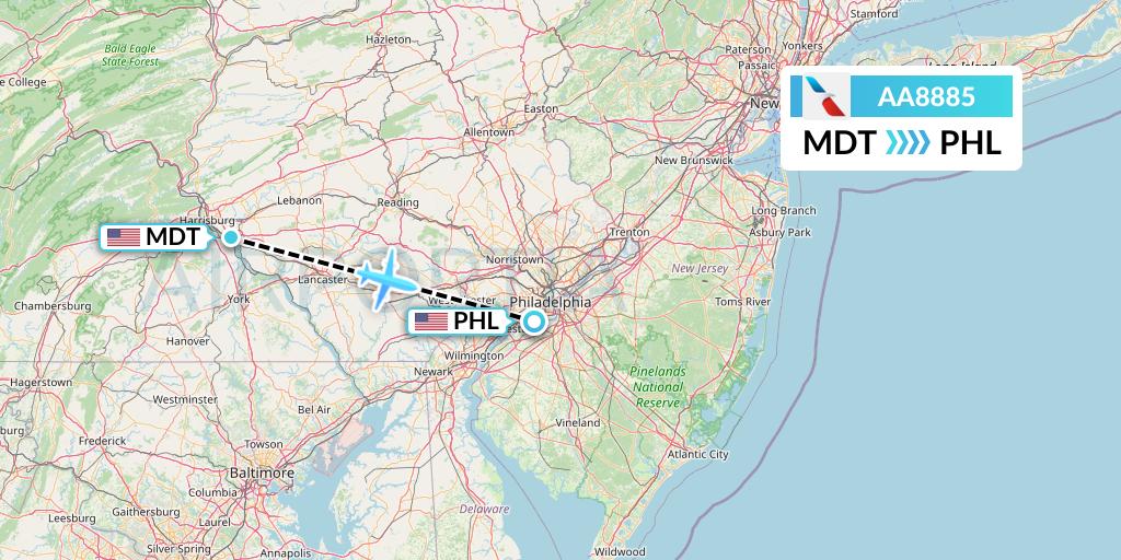 AA8885 American Airlines Flight Map: Harrisburg to Philadelphia