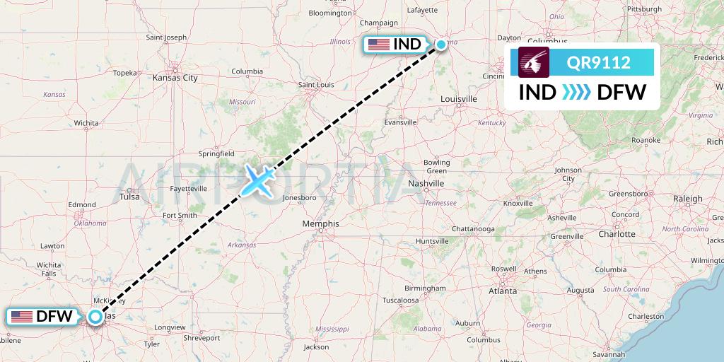 QR9112 Qatar Airways Flight Map: Indianapolis to Dallas