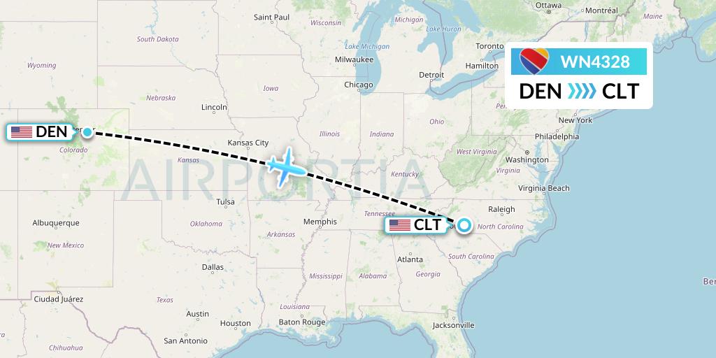 WN4328 Southwest Airlines Flight Map: Denver to Charlotte