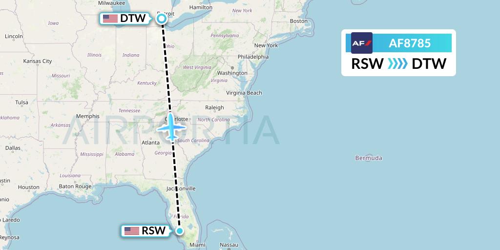 AF8785 Air France Flight Map: Fort Myers to Detroit