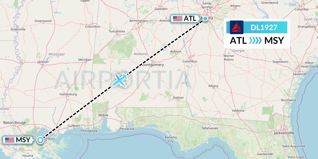 DL1927 Delta Air Lines Flight Map: Atlanta to New Orleans