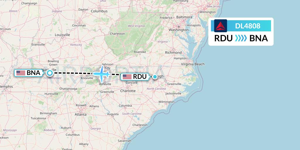 DL4808 Delta Air Lines Flight Map: Raleigh-Durham to Nashville