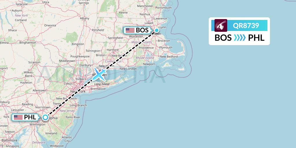 QR8739 Qatar Airways Flight Map: Boston to Philadelphia